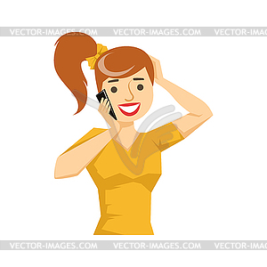 Girl With Ponytail Chatting On Smartphone, Part Of - vector clip art