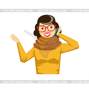 Woman In Glasses And Yellow Sweater Chatting On - vector clipart