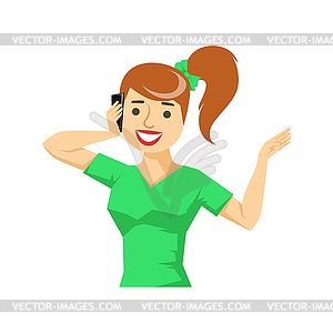 Woman In Green T-shirt Chatting On Smartphone, - vector image