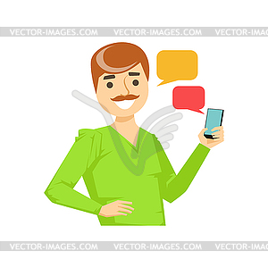 Man With Moustache Texting Messages, Part Of - vector clip art