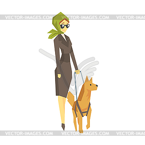 Stylish Blind Woman With Guiding Dog, Young Person - vector clipart / vector image