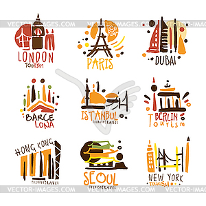 Touristic Travel Agency Set Of Colorful Promo Sign - stock vector clipart