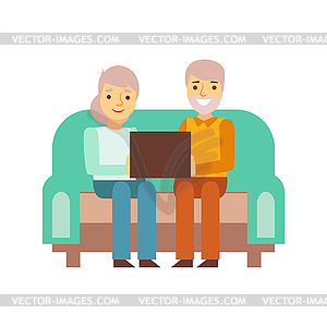 Old Couple Sitting On Sofa With Lap Top, Person - vector image