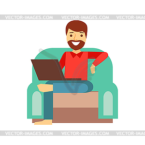 Человека у себя дома в кресле с Lap Top, лицо, являющееся - иллюстрация в векторе