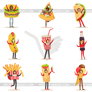Люди, носящие Fast Food костюмы Закуски Замаскированный - векторный клипарт / векторное изображение