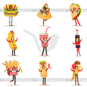 People Wearing Fast Food Snacks Costumes Disguised - vector image