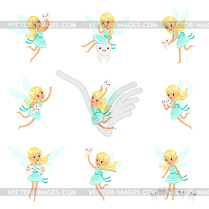 Tooth Fairy, Blond Little Girl In Blue Dress With - vector clip art