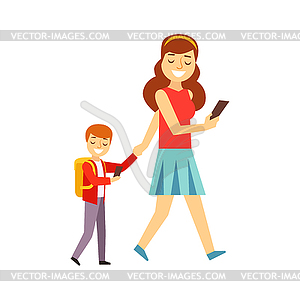 Mother Walking Son To School Both Looking At - vector image