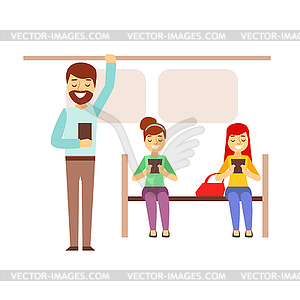 Metro Train Car With People Looking At Their - vector clipart