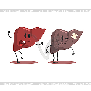 Liver Human Internal Organ Healthy Vs Unhealthy, - vector clipart