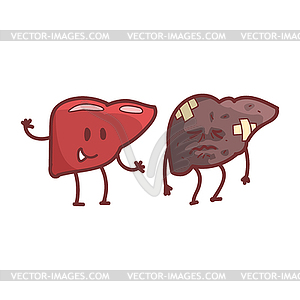 Liver Human Internal Organ Healthy Vs Unhealthy, - vector clipart