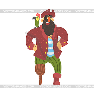 Scruffy Pirate Captain With Parrot With One Leg - vector clipart / vector image