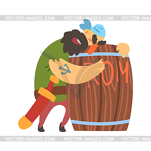 Drunk Scruffy Pirate Huging Wooden Barrel Of Rum, - vector clipart