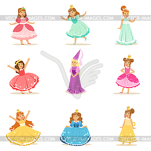 Little Girls In Princess Costume In Crown And - vector clip art