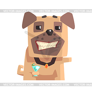 Smug Little Pet Pug Dog Puppy With Collar Drinking - vector image