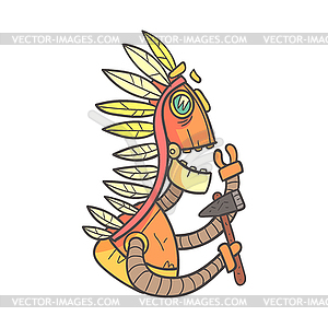 Indian Orange Robot In War Bonnet With Tomahawk - vector clip art