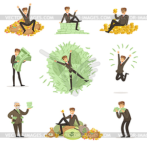 Very Rich Man Bathing In His Money, Happy - vector clipart