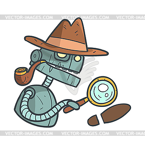 Private Detective Blue Robot With Magnifying Glass - vector clipart