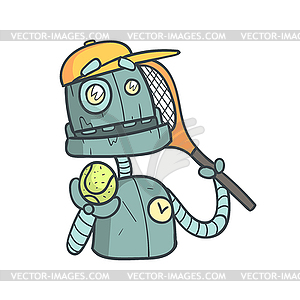 Tennis Player Blue Robot Cartoon Outlined With - vector image