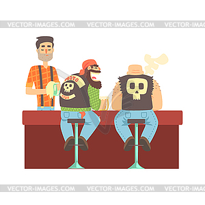 Two Bikers Chatting At Counter In Leather Vests - vector image