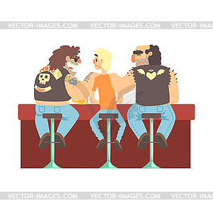 Two Biker Gang Members Scarying Skinny Bar Client, - vector clip art