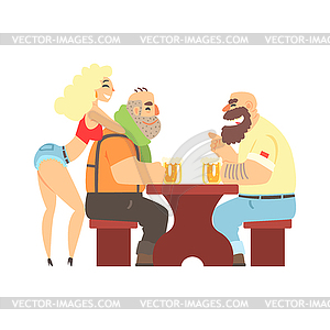 Two Lumberjacks Chatting At Table With Sexy Waitres - vector clipart