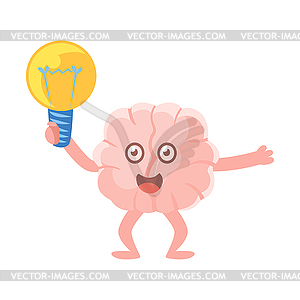 Humanized Brain Holding An Electric Bulb Excited - vector clip art