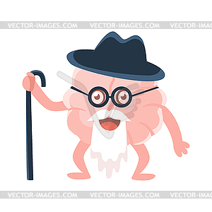Humanized Wise And Old Brain With Walking Stick - vector clipart