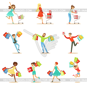 Shopaholic People Happy And Excited Running With - vector clipart