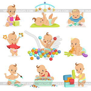 Adorable Girly Cartoon Babies Playing With Their - vector image