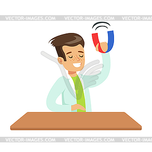 Boy Physicist With Magnet, Kid Doing Science - vector image