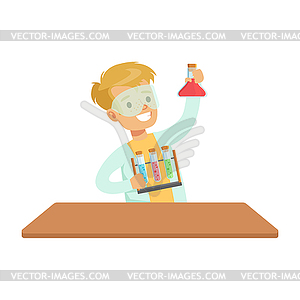 Biy Chemist And Test Tubes, Kid Doing Chemistry - vector clipart