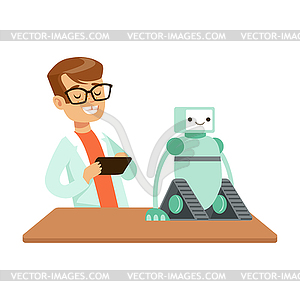 Boy Engineer And Robotics Experiment, Kid Doing - vector clip art