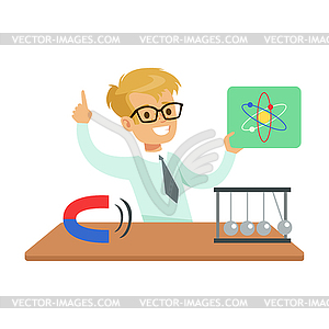 Boy Physicist And Physics Symbols, Kid Doing Scienc - vector clipart