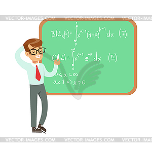 Мальчик Математик Написание формул на доске, - векторный эскиз