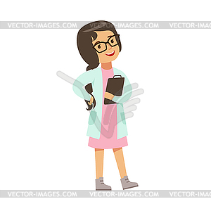 Girl In Glasses Wearing Lab Coat, Kid Doing - vector clip art