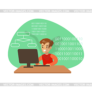 Boy Programmer Coding, Kid Doing Computer Science - vector clipart