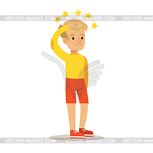 Sick Kid With Concussion And Stars Before Eyes - vector clip art
