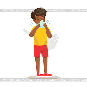 Sick Kid Blowing His Nose Feeling Unwell Suffering - stock vector clipart