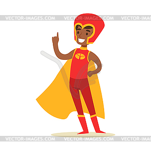 Boy Pretending To Have Super Powers Dressed In Red - vector clip art