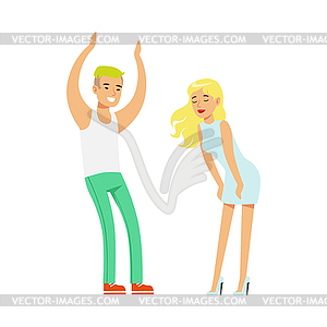 Блондинка пара с сексуальная девушка в белом платье танцы - векторное графическое изображение