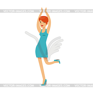 Girl With Short Hair In Blue Dress Dancing On - vector image