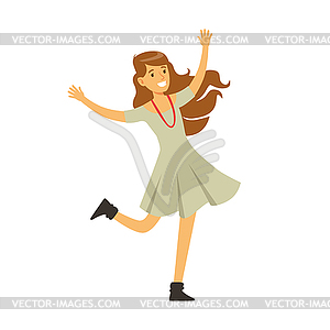 Cute Girl In Grey Dress Dancing On Dancefloor, - vector image