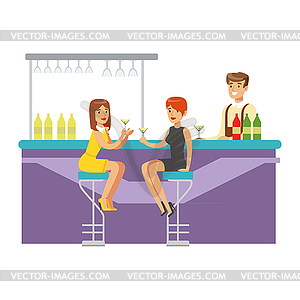 Two Girlfriends Drinking Cocktails At Bar, Part Of - vector image