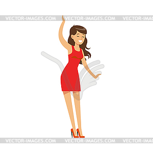 Girl In Red Dress Dancing Pretty On Dancefloor, Par - vector EPS clipart