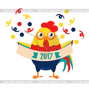 Rooster Cartoon Character Holding Festive Banner - vector clipart