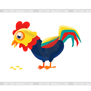 Rooster Cartoon Character Eating Seeds,Cock - vector image