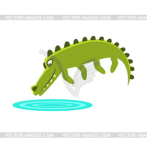 Crocodile Jumping In Small Pond Of Water, Cartoon - vector image