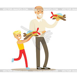 Grandfather And Boy Playing Toy Planes, Part Of - vector clipart