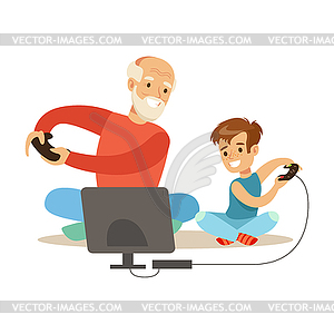 Дедушка и мальчик играть в видеоигры, часть - иллюстрация в векторе
